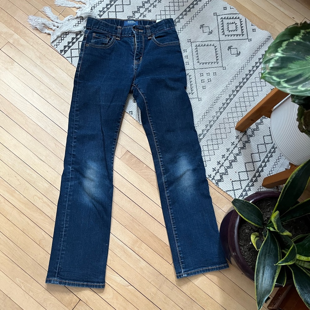 Old Navy Size 12 Boy Slim Dark Denim Jeans with slight fading at knees
